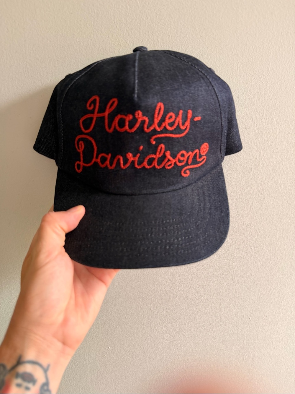 Embroidered Harley-Davidson Navy Denim Style Cap with Red Script Logo